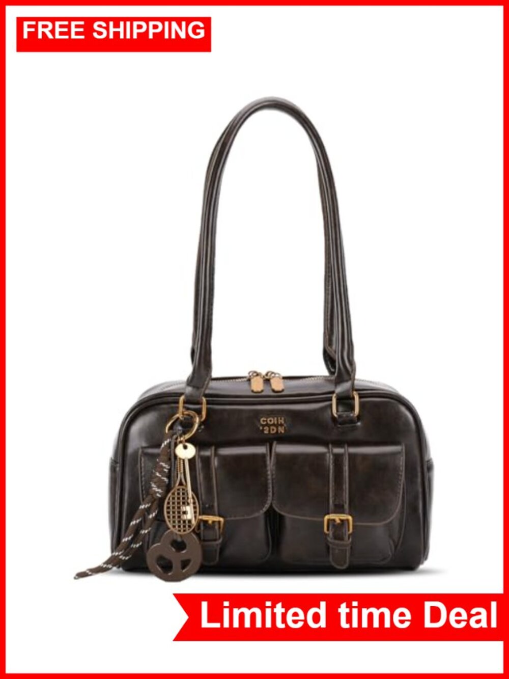 PU Leather Y2K Shoulder Bag Retro Top Handle Purse Multiple Pockets
